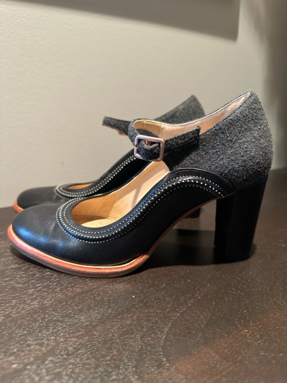 Clarks Black and Gray Mary Jane Block Heel Pumps with Pink Accent - Picture 8 of 12
